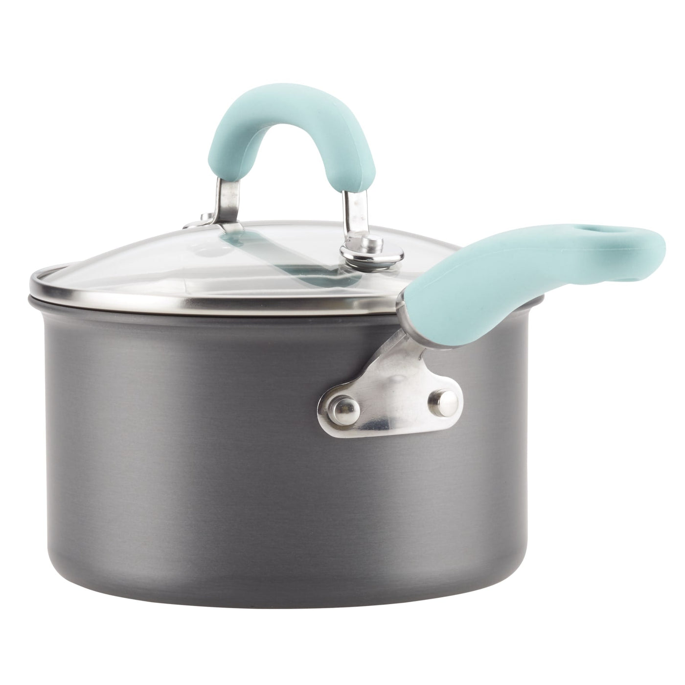Gray saucepan with a glass lid and light blue handles.