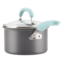 Gray saucepan with a glass lid and light blue handles.