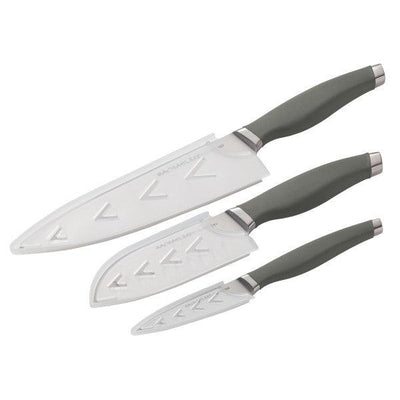 Three kitchen knives with green handles and blade covers.