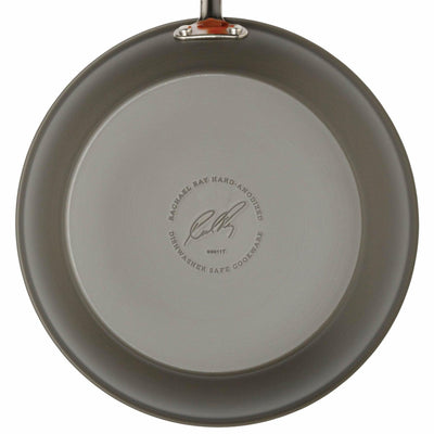 Bottom view of a gray nonstick frying pan with branding and logo.