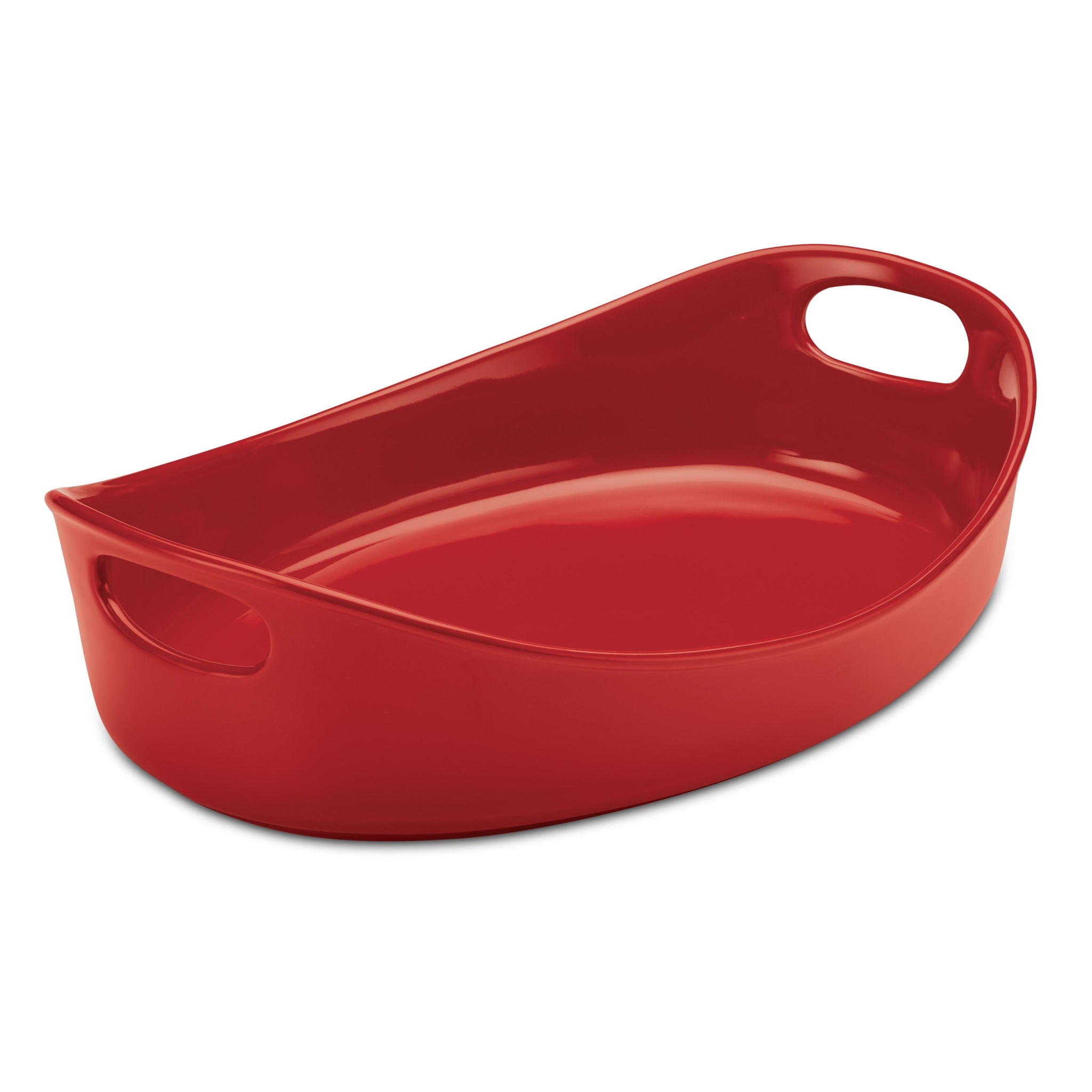 Red oval casserole dish with side handles.