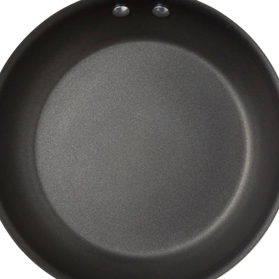 Empty non-stick frying pan with a smooth interior surface.