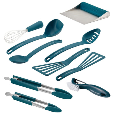 Set of teal kitchen utensils including tongs, spatula, and a whisk.