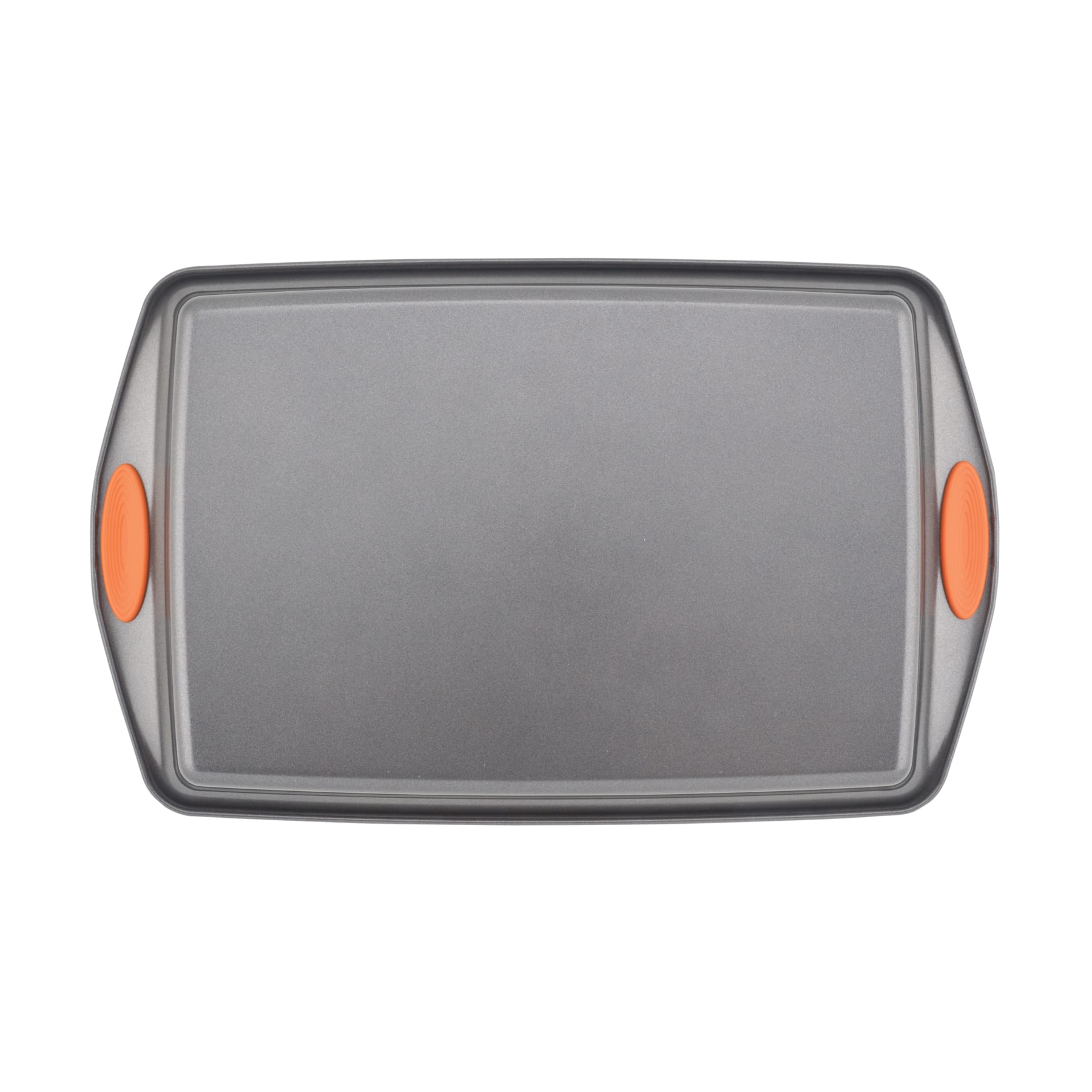 Rectangular baking tray with orange silicone handles on each side.