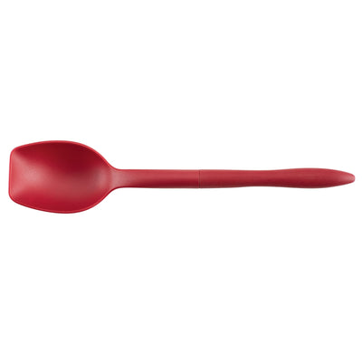 Red silicone spoon with a flat edge and curved handle.