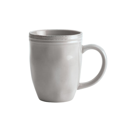 Plain white ceramic mug with a curved handle.