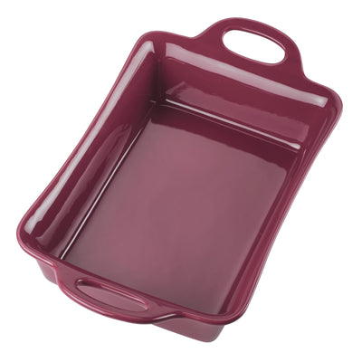 Maroon ceramic baking dish with handles on both ends.