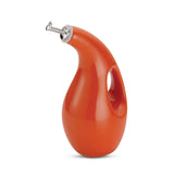 Red ceramic oil dispenser with a spout and handle.