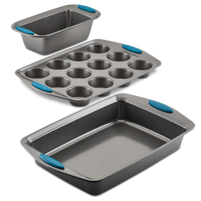 Set of three non-stick baking pans with blue silicone grips.