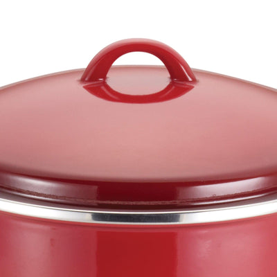 Close-up of a red pot lid with a handle.