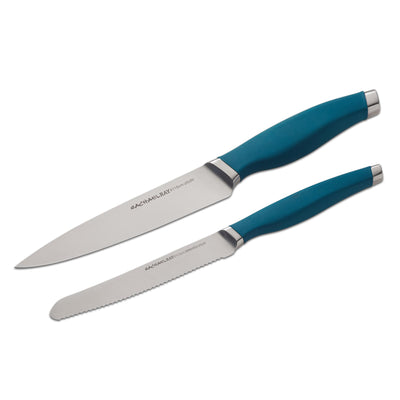 Two kitchen knives with blue handles on a white background.