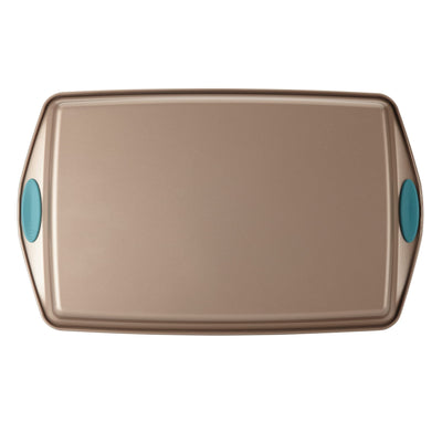 Rectangular baking sheet with teal handles on a white background.