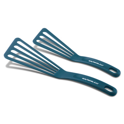 Two blue slotted spatulas with long handles on a white background.