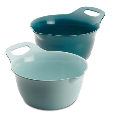 Two nested plastic bowls with handles, shown in light and dark blue.