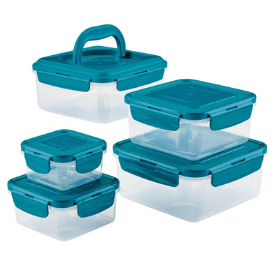 Set of five clear storage containers with teal lids and various sizes.