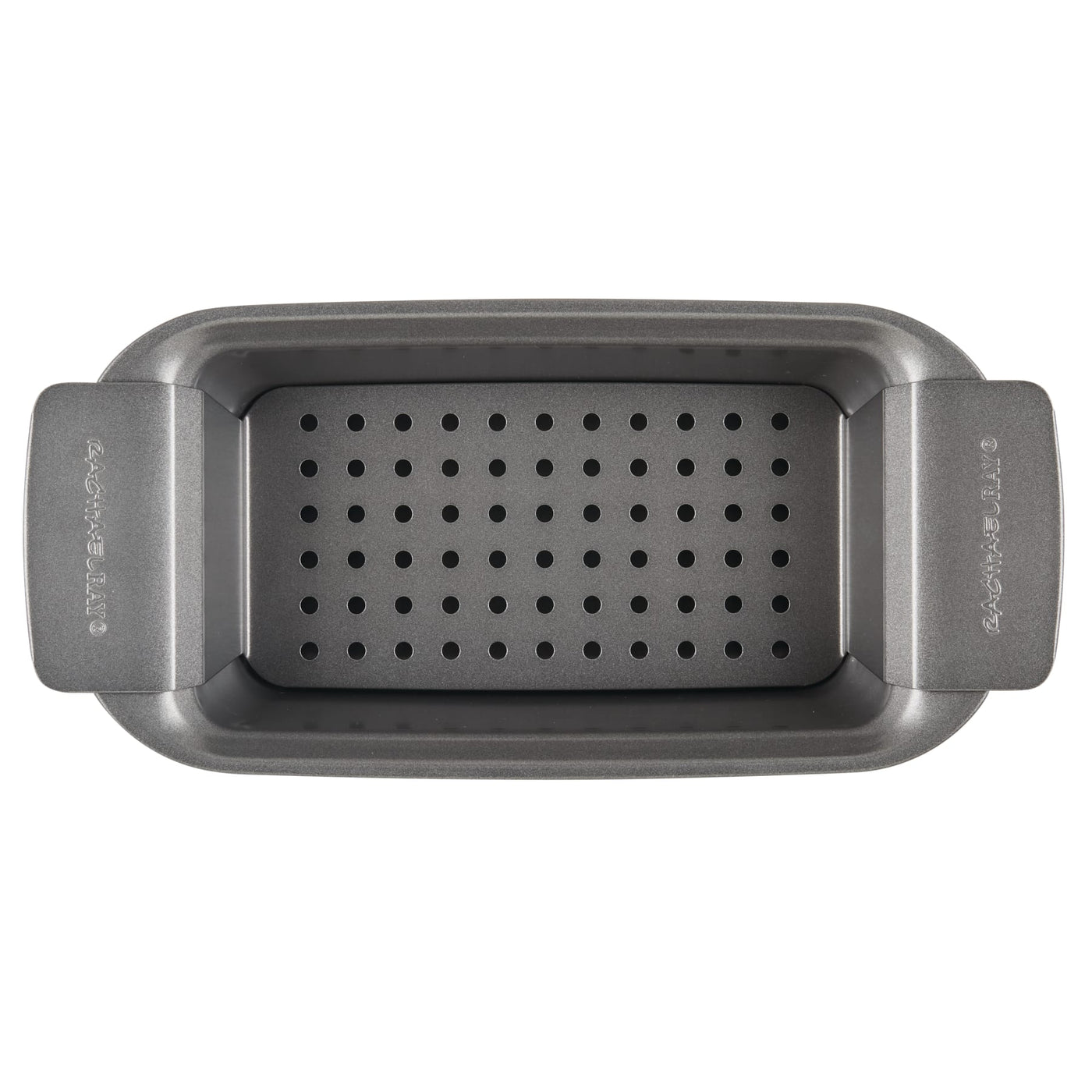 Non-stick perforated loaf pan shown from above.