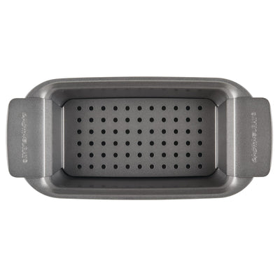 Non-stick perforated loaf pan shown from above.