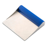 Metal pastry scraper with a blue handle on a white background.