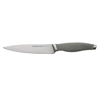 A chef's knife with a green handle and a stainless steel blade.