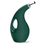 Green ceramic olive oil bottle with a handle and spout.