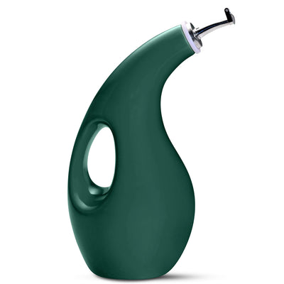 Green ceramic olive oil bottle with a handle and spout.