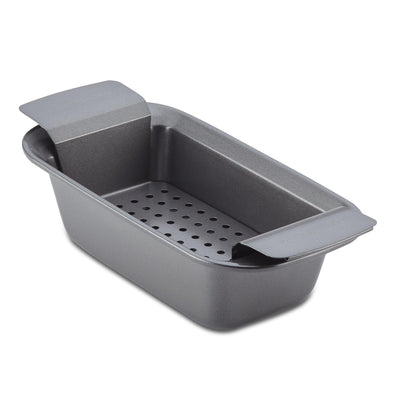 A metal loaf pan with perforated bottom and extended handles.