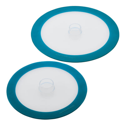 Two blue and white silicone lids with circular handles.