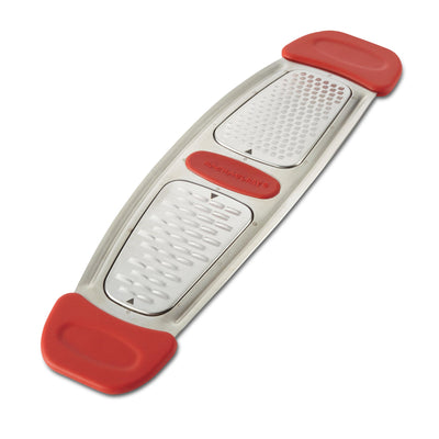 Rectangular grater with red handles on both ends.