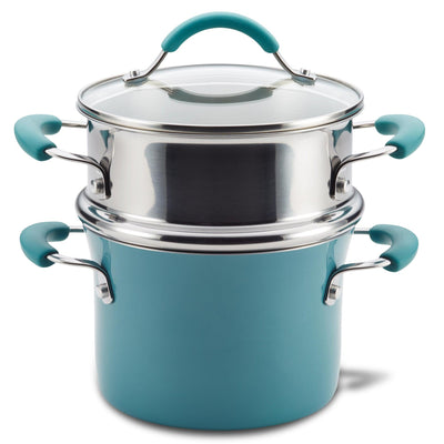 Blue and silver stackable cookware with teal handles.