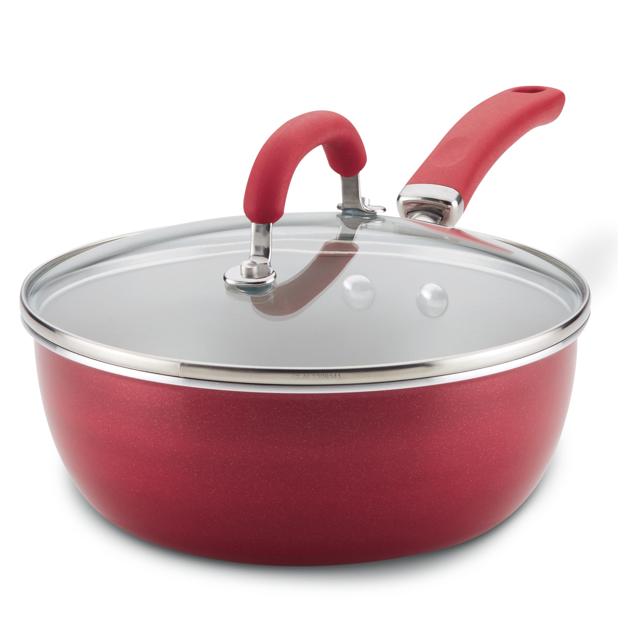 Red cooking pot with a glass lid and red handles.