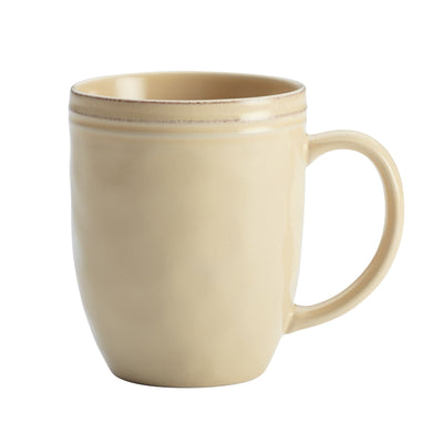 A plain beige ceramic mug with a handle against a white background.