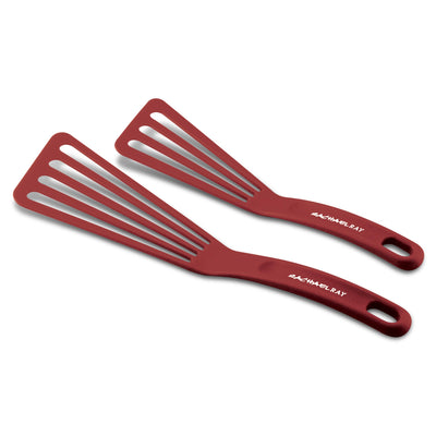 Two red slotted spatulas with long handles on a white background.