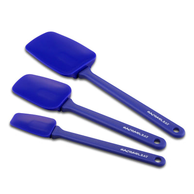 Three blue kitchen spatulas of varying sizes.