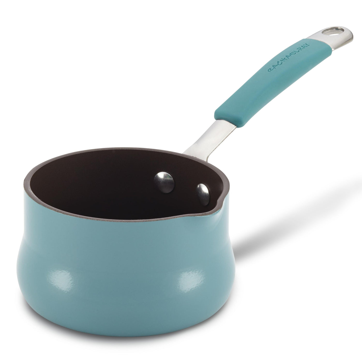 Light blue saucepan with a gray interior and a matching blue handle.