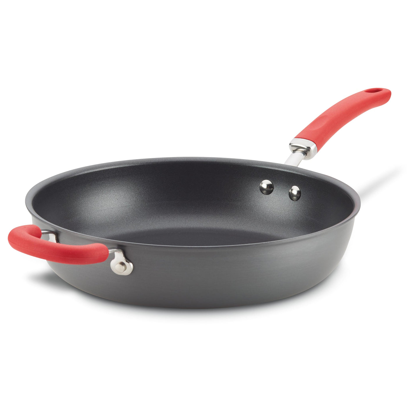 Black frying pan with a red handle and a deep cooking surface.