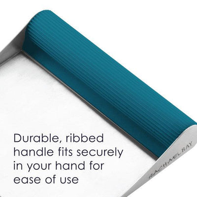 Blue ribbed handle on a silver kitchen utensil with printed text.