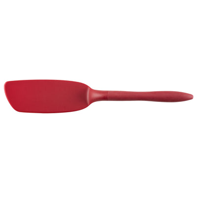 Red silicone spatula on a white background.