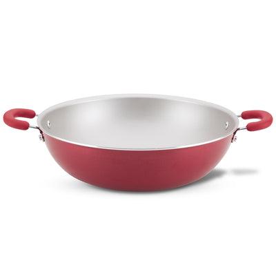 Red nonstick frying pan with two handles.