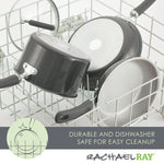 Cookware set in dishwasher; labeled as durable and dishwasher safe.