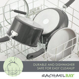 Cookware set in dishwasher; labeled as durable and dishwasher safe.