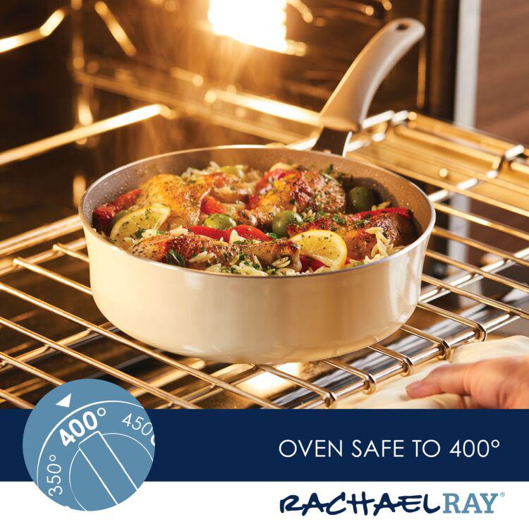The 3-Quart Cook + Create Nonstick Sauté Pan with Lid is oven safe up to 400° and features a nonstick cooking surface for effortless cleanup and durable scratch resistance.