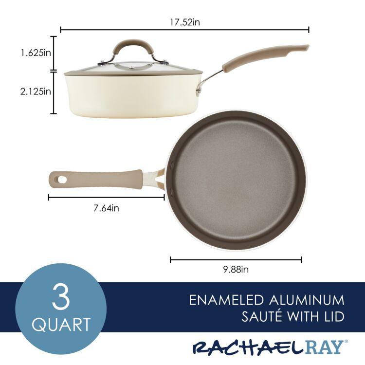 3-Quart Cook + Create Nonstick Sauté Pan with Lid, made of white enameled aluminum and showcasing a nonstick cooking surface; labeled dimensions are displayed.