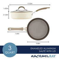 3-Quart Cook + Create Nonstick Sauté Pan with Lid, made of white enameled aluminum and showcasing a nonstick cooking surface; labeled dimensions are displayed.