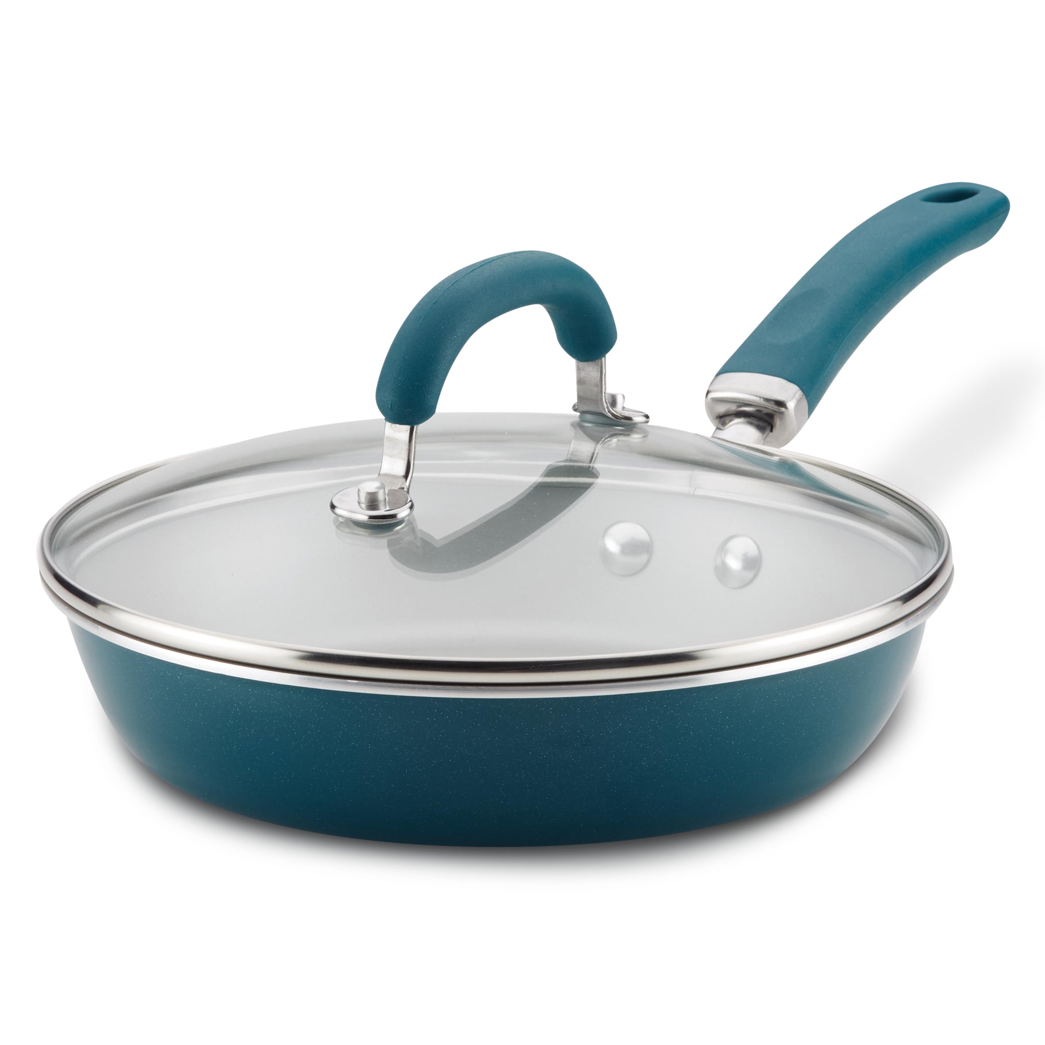 Blue nonstick frying pan with a glass lid and a teal handle.