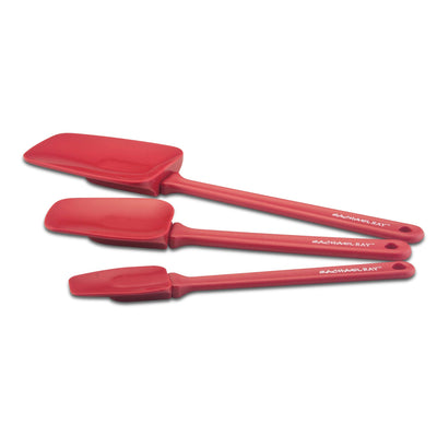 Three red silicone spatulas of varying sizes, laid side by side.