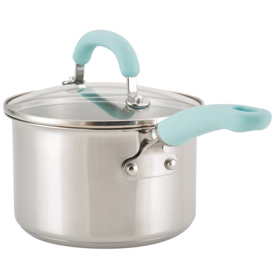 Stainless steel pot with a glass lid and teal handles.