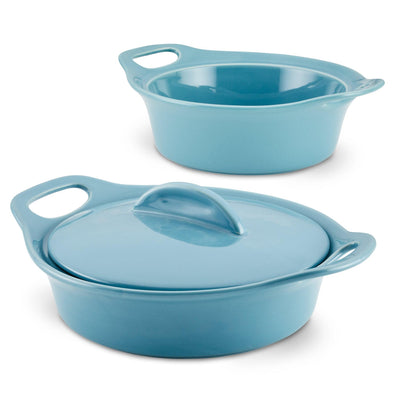 Two blue ceramic casserole dishes, one with a lid and one without.