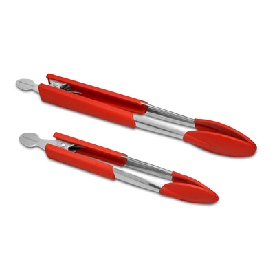 Two red and silver kitchen tongs of different sizes on a white background.