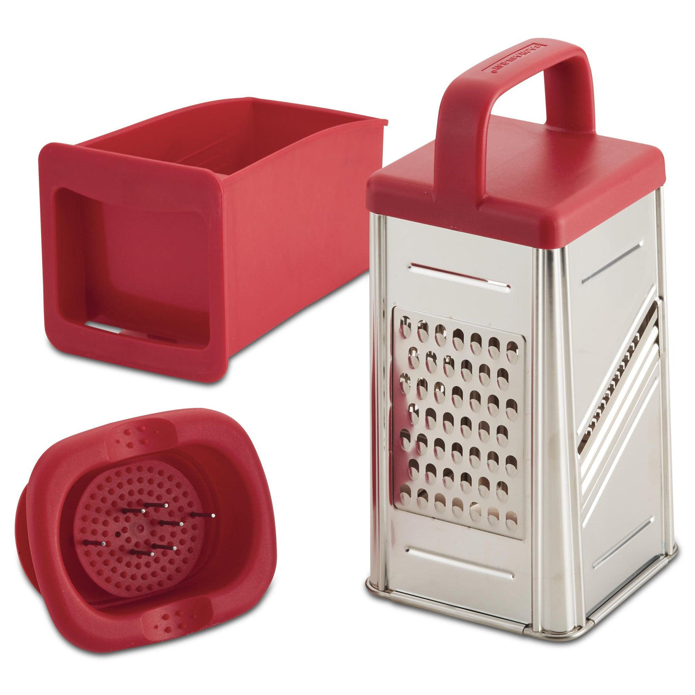 Box grater with a red handle and container shown in three parts.