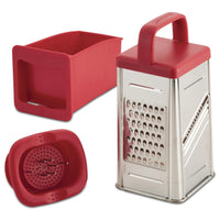 Box grater with a red handle and container shown in three parts.
